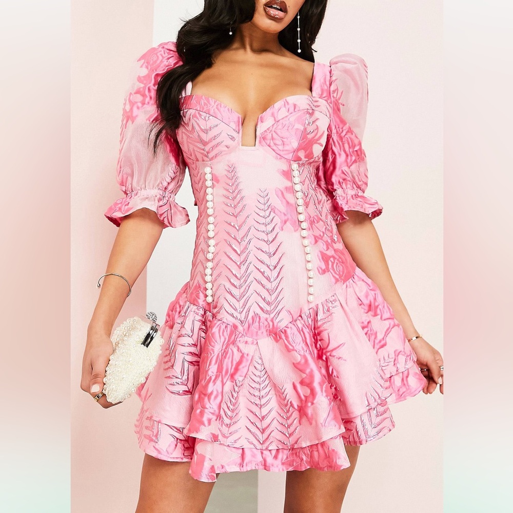 ASOS LUXE jacquard plunge mini dress with tiered hem and puff sleeve in pink